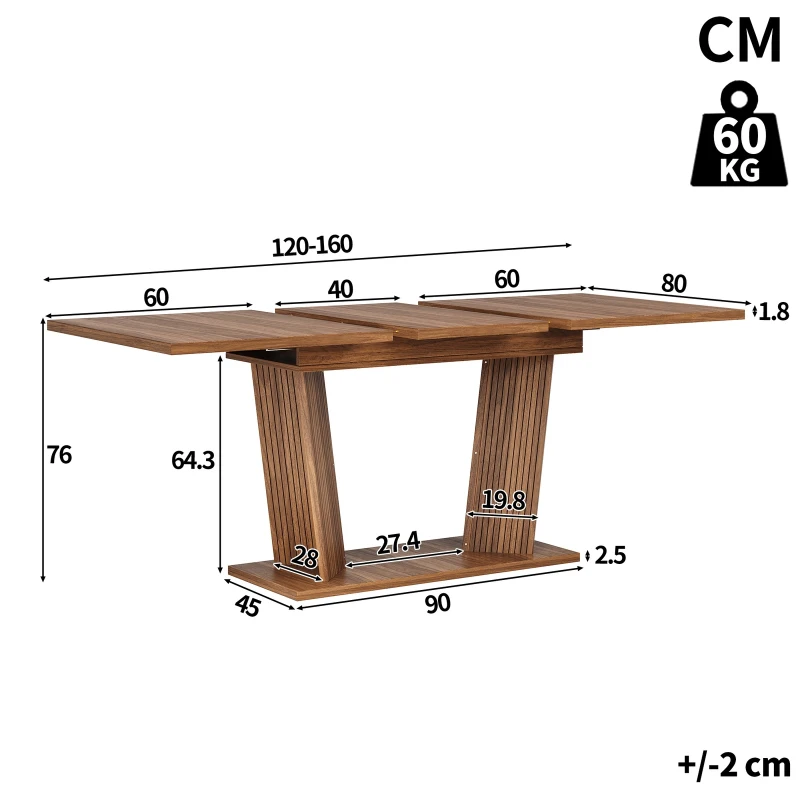 Extendable Dining Table with Double-Column Base, Space-Saving Kitchen Table with Anti-Slip Feet, 120-160L x 80W x 76H cm, Dark Brown