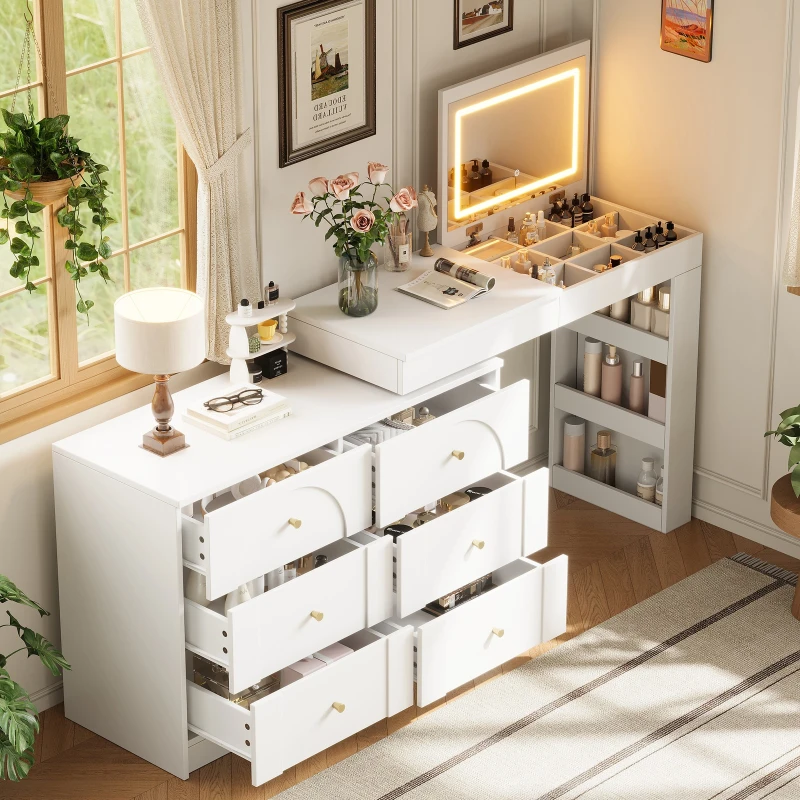 Modern L-Shaped Vanity Desk with 7 Storage Drawers, Adjustable Makeup Table Dressing Console with LED Flip Mirror, 200L x 40W x 80H cm, White