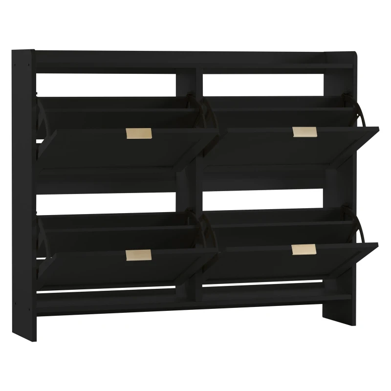 Modern Wooden Shoe Cabinet with 4 Flip Drawers, Space-Saving Storage Organiser with Side Umbrella Hooks, 110L x 24W x 90H cm, Black