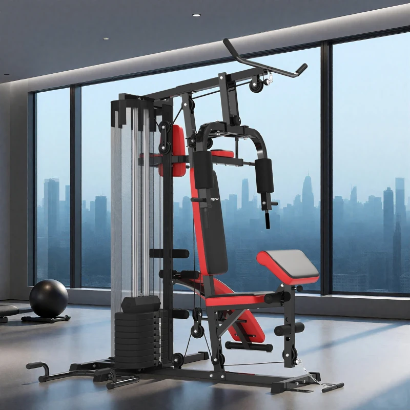 SPORTNOW Mehrzweck-Trainingsstation mit 65 kg Gewichtsblock, verstellbar, fürs Heimtraining, Stahl, Kunstleder(m-9)