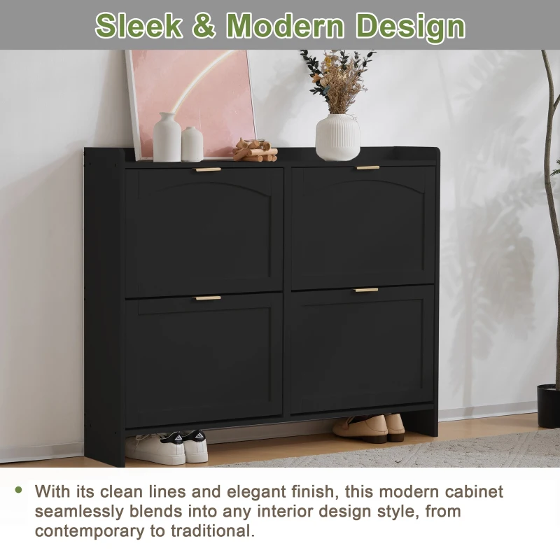 Modern Wooden Shoe Cabinet with 4 Flip Drawers, Space-Saving Storage Organiser with Side Umbrella Hooks, 110L x 24W x 90H cm, Black