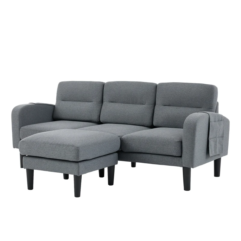 L-Shaped Sectional Sofa with Movable Chaise and Storage Pockets, Modular 3-Seater Corner Sofa for Living Room, 204L × 136W × 80H cm, Grey