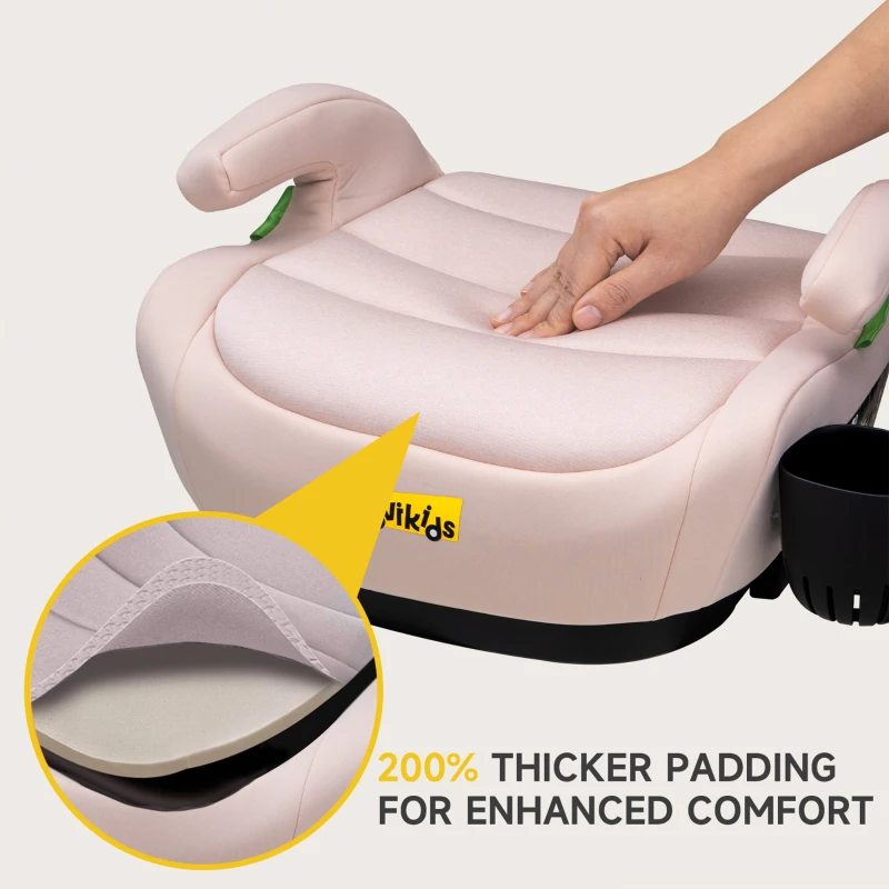 Safe ISOFIX Car Booster Seat with ECE R129 i-Size and Cup Holder, Portable Travel Booster Cushion for Kids and Vehicles, 40L x 42W x 17H cm, Pink