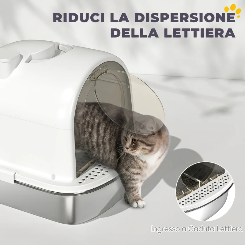 PawHut Lettiera Gatto Chiusa L in Acciaio Inox con Maniglia, Paletta, Pacchetto Deodorante, Antiperdita, Bianco