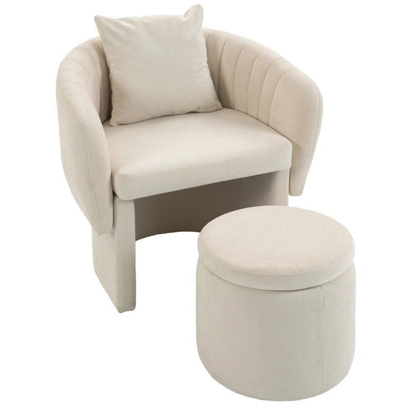 HOMCOM Fauteuil relax avec pouf, fauteuil lounge avec dossier incurvé, accoudoirs, rembourré en chenille style nordique, beige