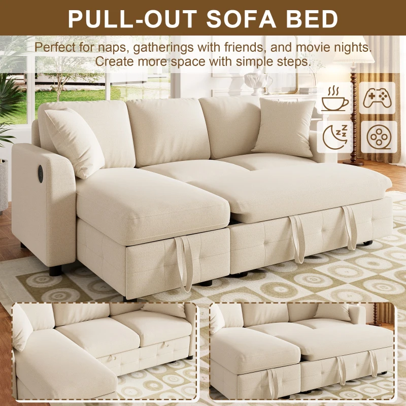 Modern Chenille L-Shaped Sectional Sofa with Reversible Storage Chaise, Soft Pull-Out Sleeper Couch with USB Ports, 200L x 130.5W x 83.5H cm, Beige