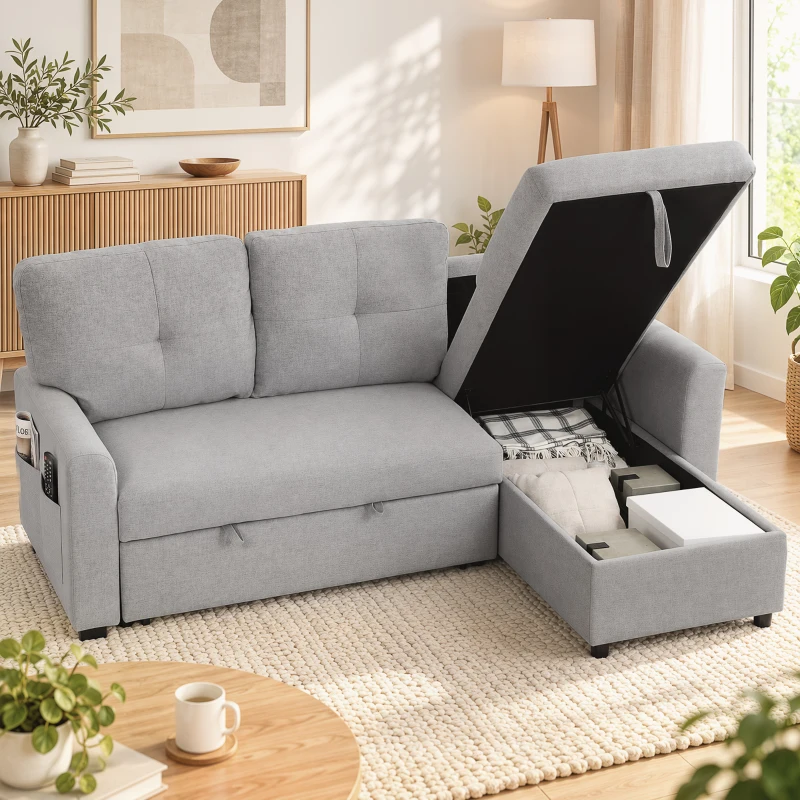 HOMCOM Canapea extensibilă 3 locuri cu șezlong convertibil, spațiu de depozitare, 3 perne, material cu efect de in, gri