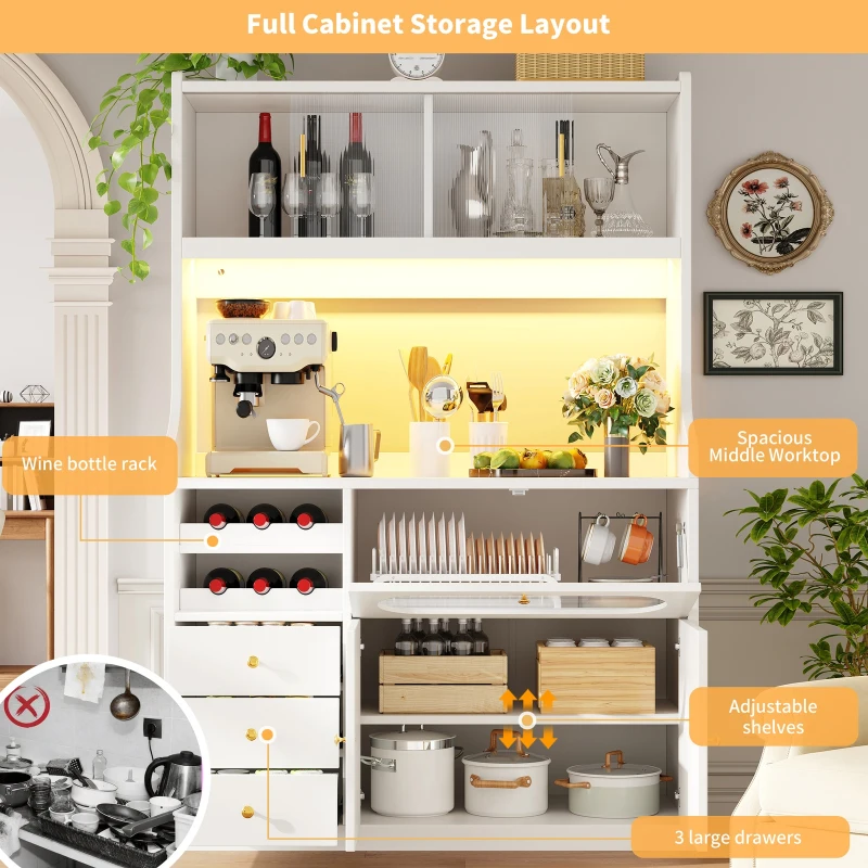 Tall Kitchen Cabinet with App-Controlled RGB LED and Glass Doors, Storage Unit with Wine Rack and 3 Drawers, 120L x 40W x 180H cm, White