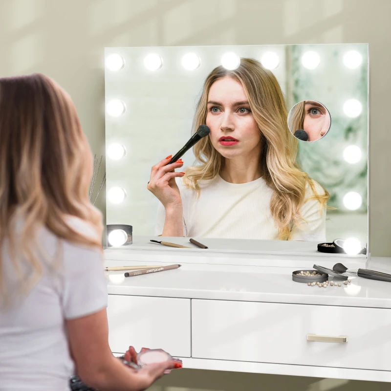 HOMCOM Miroir Maquillage Hollywood 58 x 48 cm, Miroir Coiffeuse LED, 15 Ampoules, 3 Modes d'Éclairage, Port USB de Charge