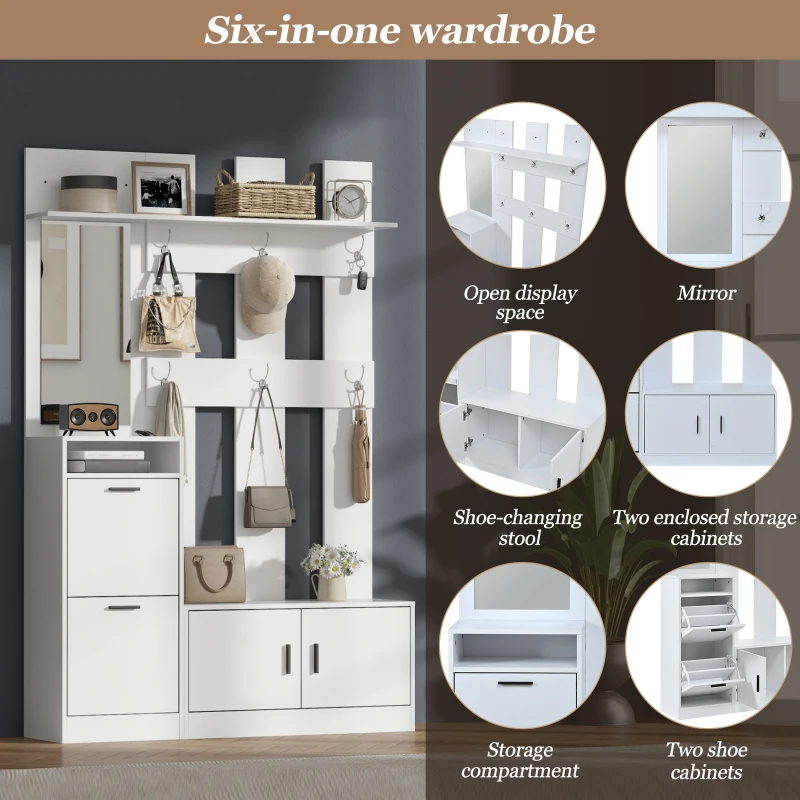 Modern Hall Tree with Coat Rack, Mirror and Shoe Bench, Space-Saving Entryway Unit with 6 Hooks and Flip Cabinets, 120L x 30W x 180H cm, White