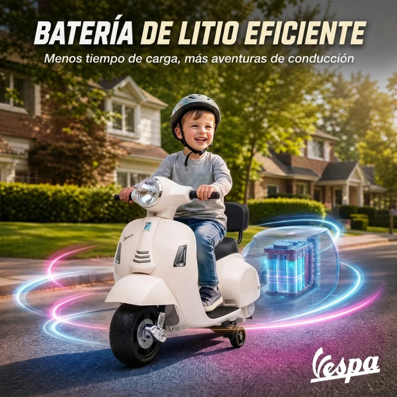 AIYAPLAY Moto Eléctrica para Niños Licencia Mini Vespa GTS 2 Ruedas Auxiliares Batería de Litio Faro Bocina Respaldo Blanco