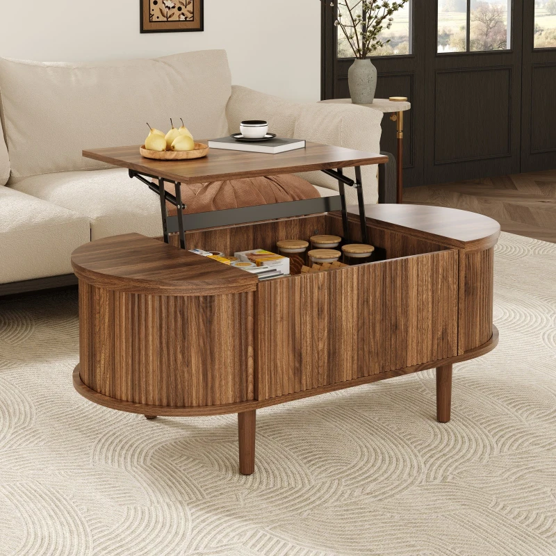 Vintage-Style Oval Coffee Table with Lift-Top and Storage, Multifunctional Storage Table for Living Room, 100L x 48W x 53.5H cm, Walnut