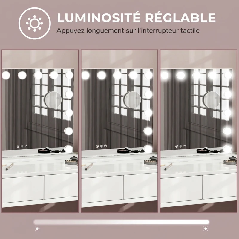 HOMCOM Miroir Maquillage Hollywood 58 x 48 cm, Miroir Coiffeuse LED, 15 Ampoules, 3 Modes d'Éclairage, Port USB de Charge