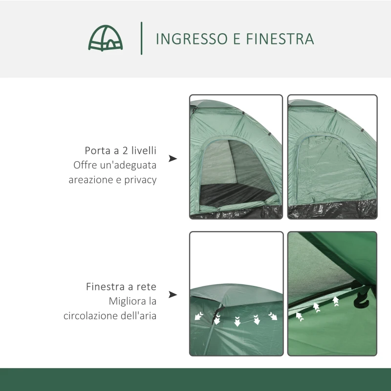 Outsunny Tenda da Campeggio 2 Posti con Porta a Cerniera, Zanzariera e Sacca di Trasporto, 206x185x120cm, Verde