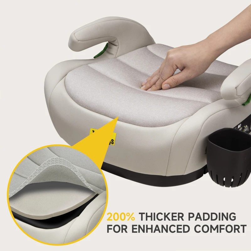 Safe ISOFIX Car Booster Seat with ECE R129 i-Size and Cup Holder, Portable Travel Booster Cushion for Kids and Vehicles, 40L x 42W x 17H cm, Grey