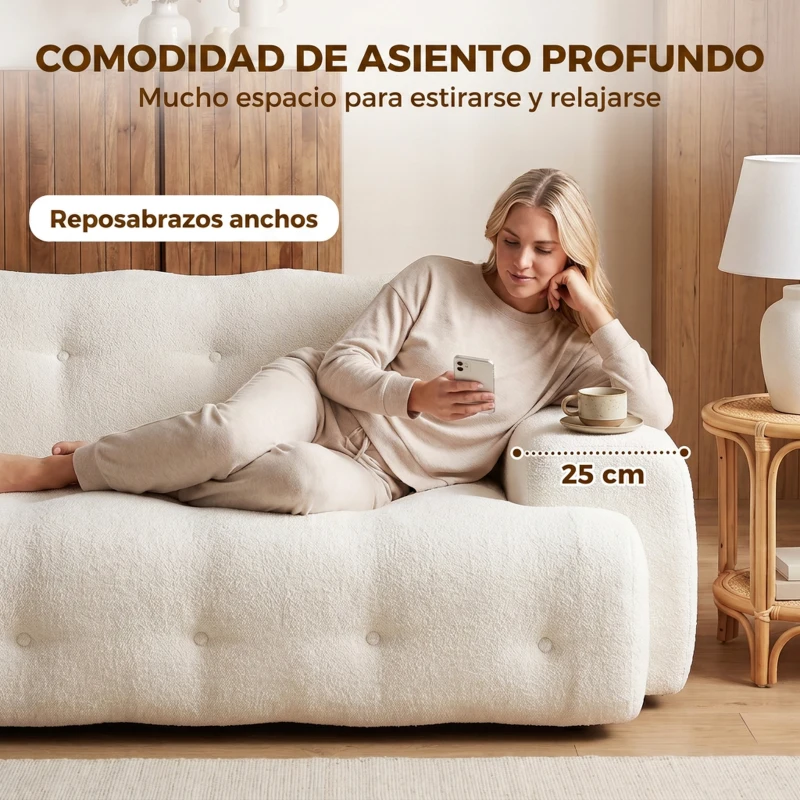 HOMCOM Sofá 3 Plazas de Chenilla sin Armazón con Asiento Profundo y Diseño Capitoné Blanco Crema