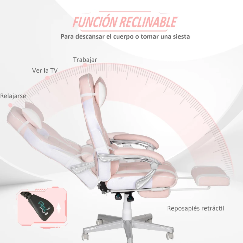 HOMCOM Silla Gaming Reclinable con Altura Ajustable Reposapiés Retráctil Soporte Lumbar y Reposacabezas Desmontable Rosa