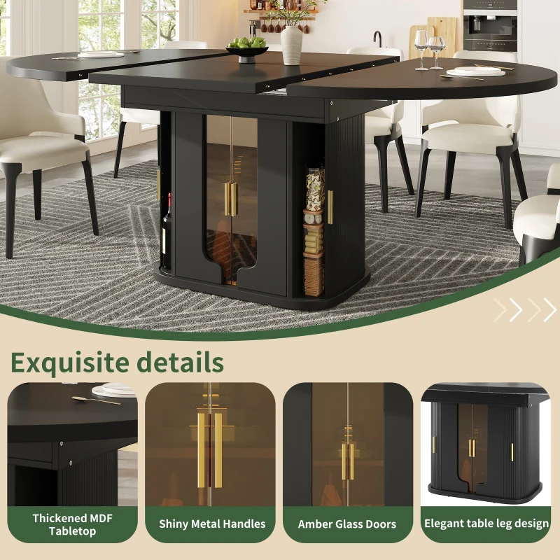 Extendable Dining Table with Glass Doors and Hidden Storage, Space-Saving Oval Dining Table for Up to 6 People, 120-160L x 118W x 77H cm, Black