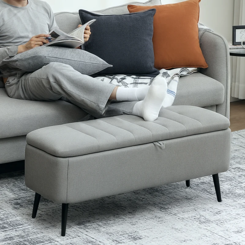 HOMCOM 92 x 31cm Linen-Look Storage Ottoman - Light Grey