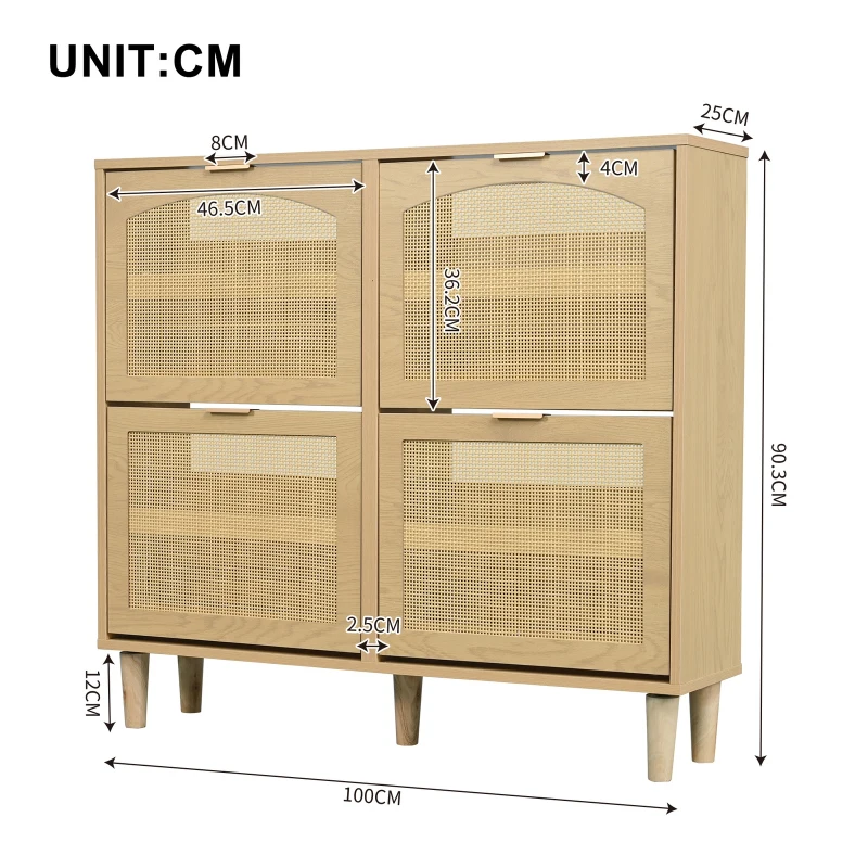 Rattan Narrow Shoe Cabinet with 4 Flip Drawers, Space-Saving Entryway Storage for Hallway, 100L x 25W x 90.5H cm, Light Oak