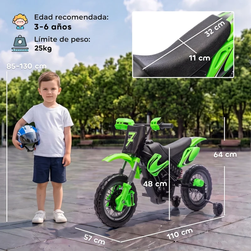 AIYAPLAY Moto Eléctrica Niños 12V con 2 Ruedas Auxiliares Desmontables 2 Motores Suspensión Trasera 3 km/h 3-6 Años Verde
