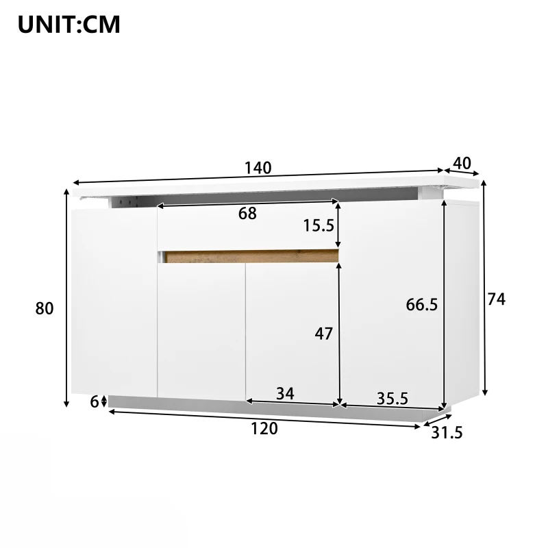 Modern LED Sideboard with 4 Doors and Large Drawer, Freestanding Buffet Cupboard for Living Room, 140L x 40W x 80H cm, White+Natural