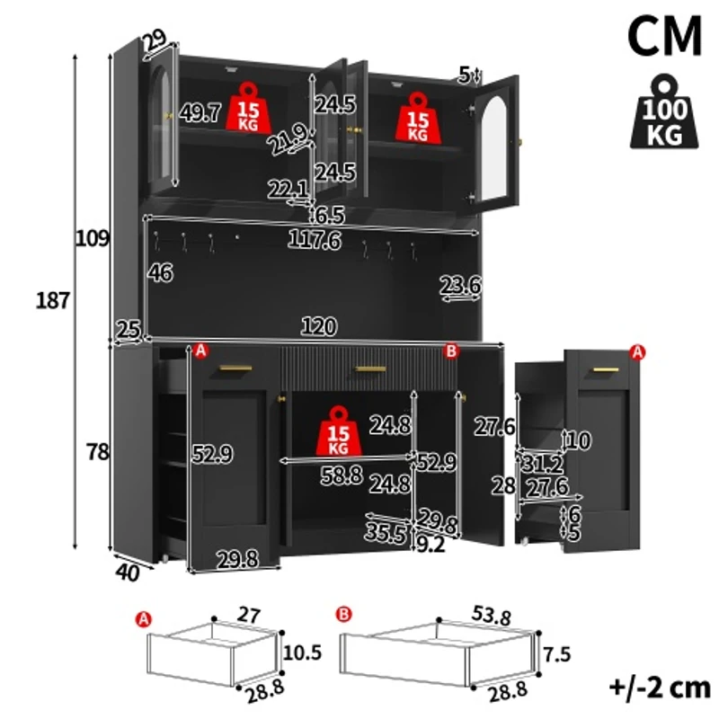 Kitchen Cabinet with App-Controlled RGB LED and Glass Display, Storage Cabinet with Roll-Out Shelves and Drawers, 120L x 40W x 187H cm, Black