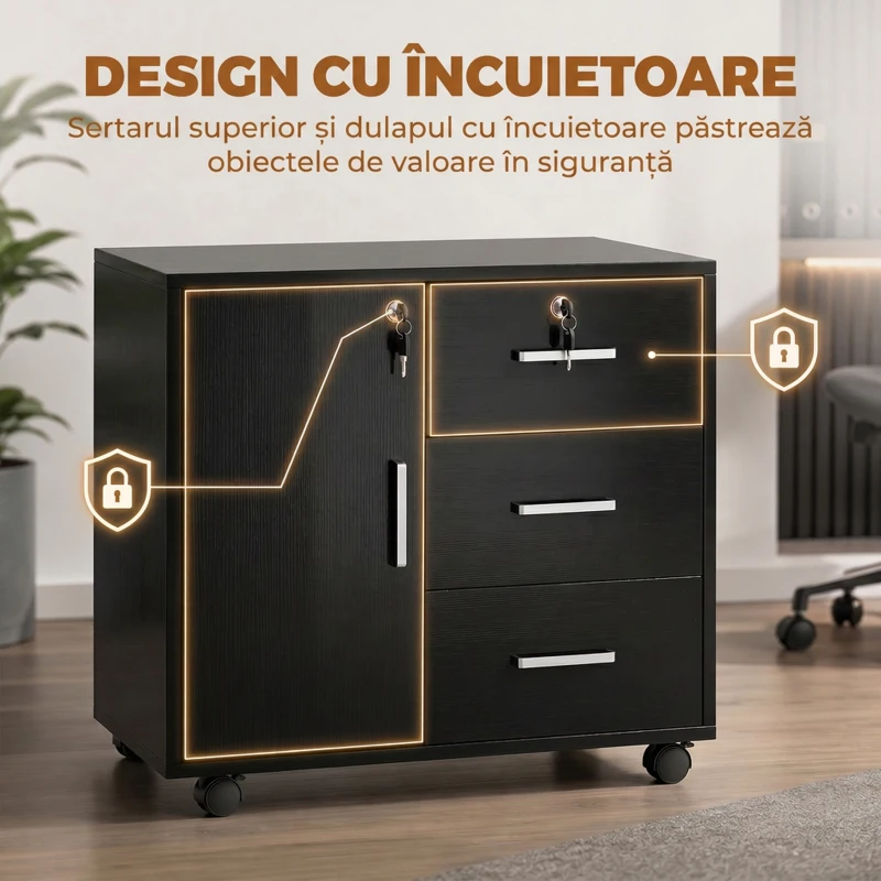 HOMCOM Dulap cu 3 Sertare, Poliță Reglabilă, Suport pentru Imprimantă și Lacăt, Negru