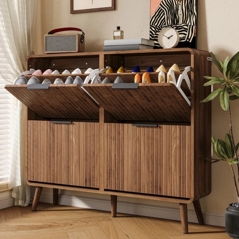 Modern Shoe Cabinet with Double-Tier Flip Doors, Space-Saving Hallway Organizer for Up to 24 Pairs, 105L x 24W x 90H cm, Walnut