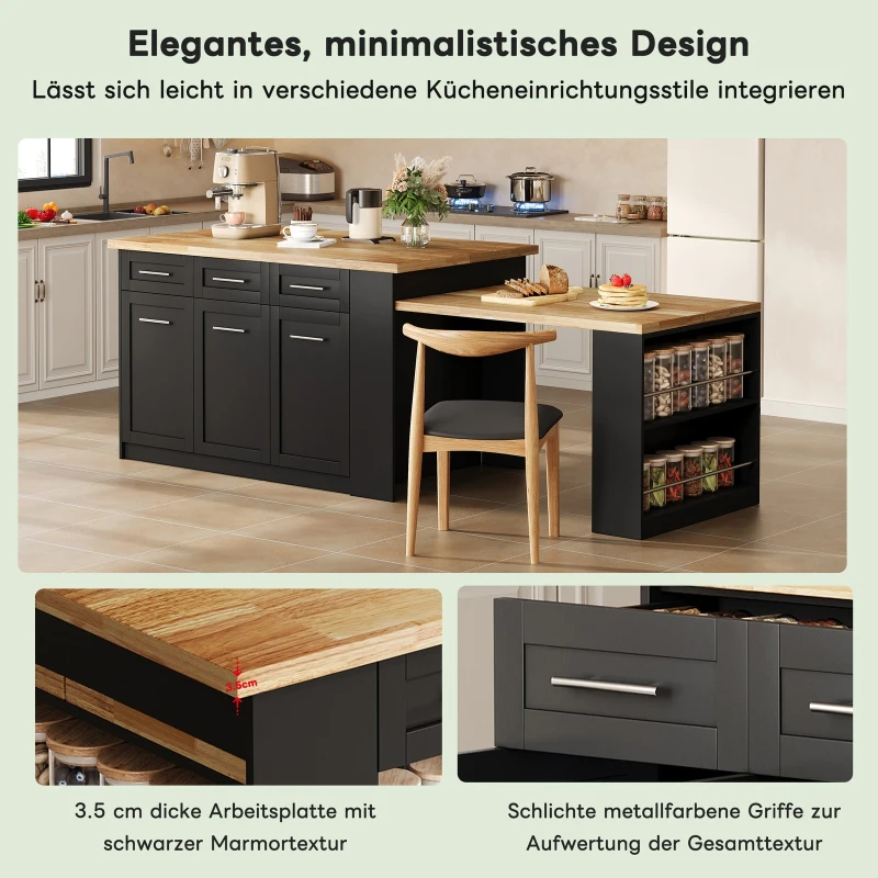 Modern Kitchen Island with Hidden Extendable Dining Table, Mobile Breakfast Bar with Marble-Effect Worktop, 150L x 90W x 90H cm, Black+Natural