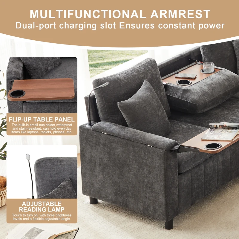 Modern Corner Sofa Bed with Reading Lamp and Fold-Out Cup Holder Table, Soft Pull-Out Sleeper Couch with Ottoman, 205L x 205W x 85H cm, Grey