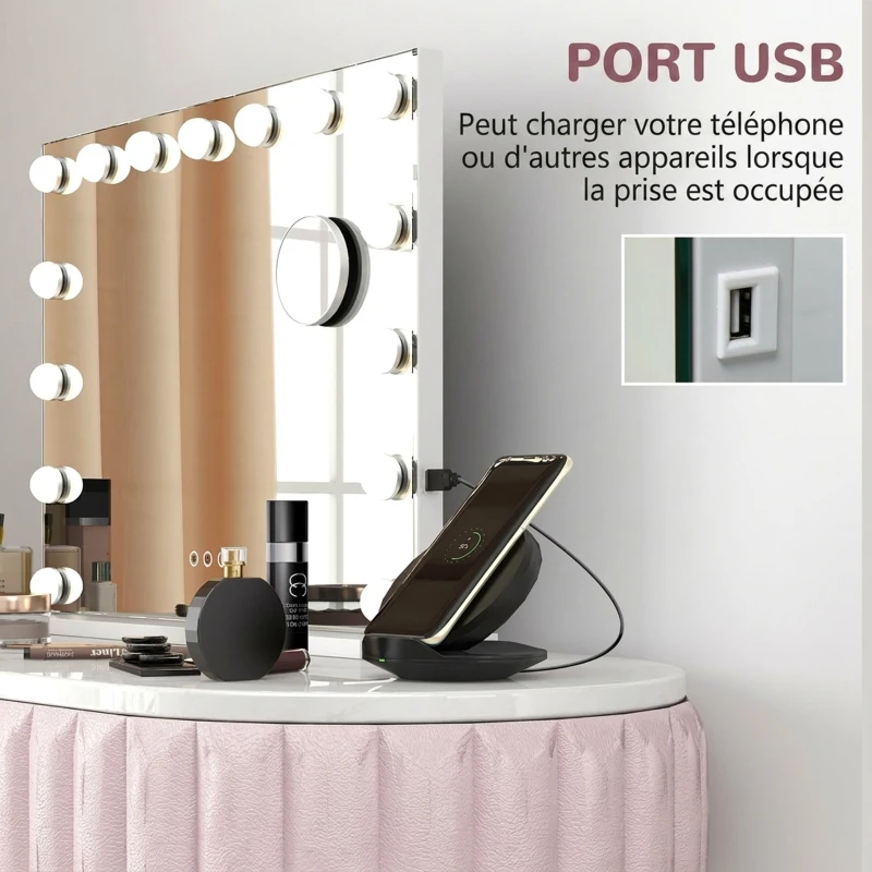 HOMCOM Miroir Maquillage Hollywood 58 x 48 cm, Miroir Coiffeuse LED, 15 Ampoules, 3 Modes d'Éclairage, Port USB de Charge