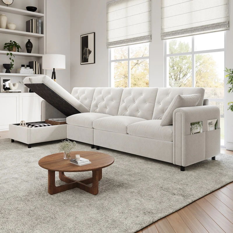 Modern Velvet L-Shaped Sectional Sofa with Storage Chaise and Tufted Back, Soft Corner Couch with Reversible Corner, 281L x 132W x 86H cm, BeigeStorage Chaise