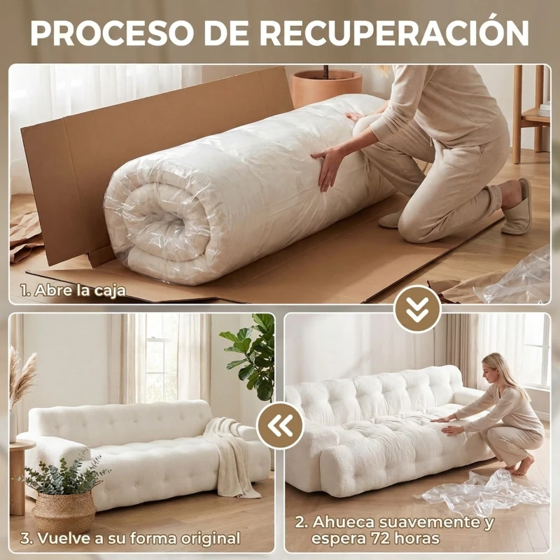 HOMCOM Sofá 3 Plazas de Chenilla sin Armazón con Asiento Profundo y Diseño Capitoné Blanco Crema