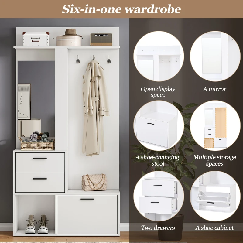 Modern Hall Tree with Mirror and Fold-Out Shoe Rack, Space-Saving Entryway Organizer with 3 Hooks and Drawers, 90L x 30W x 180H cm, White