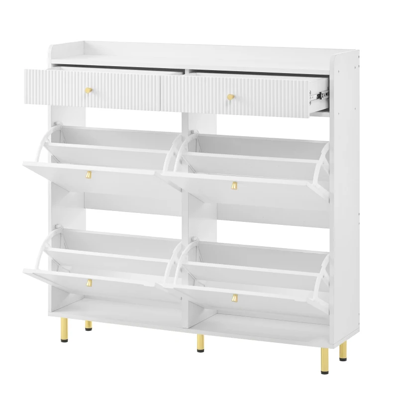Modern Shoe Cabinet with 4 Flip Doors and 2 Drawers, Space-Saving Entryway Storage Organizer with Metal Handles, 106.5L x 25W x 105.5H cm, White