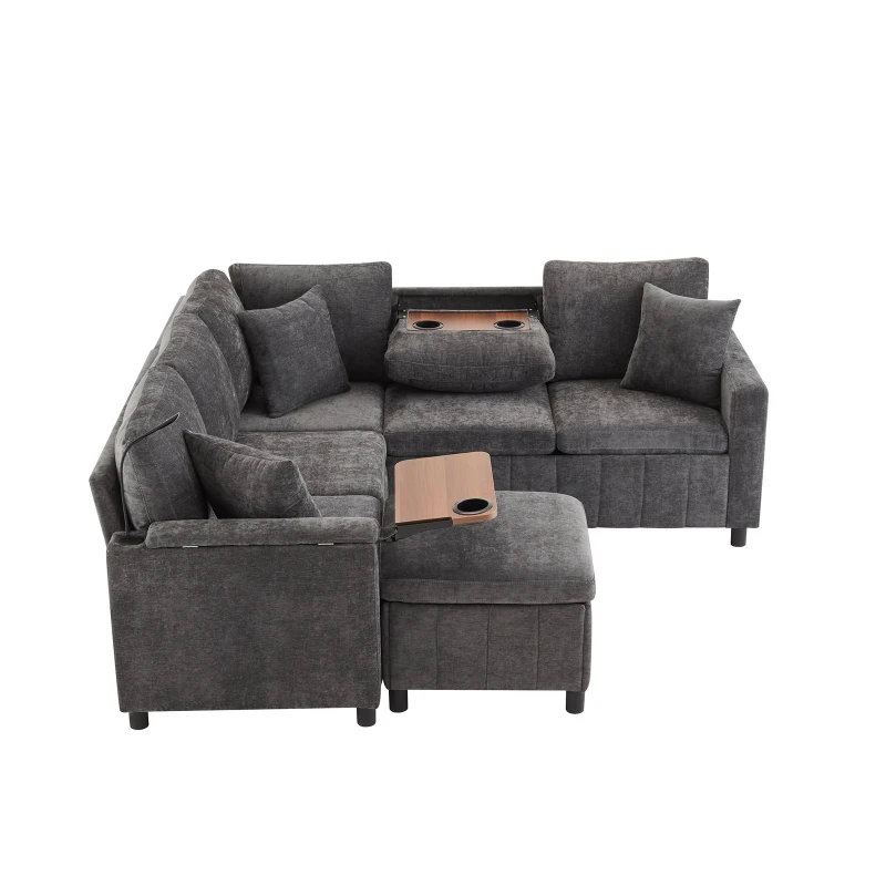 Modern Corner Sofa Bed with Reading Lamp and Fold-Out Cup Holder Table, Soft Pull-Out Sleeper Couch with Ottoman, 205L x 205W x 85H cm, Grey