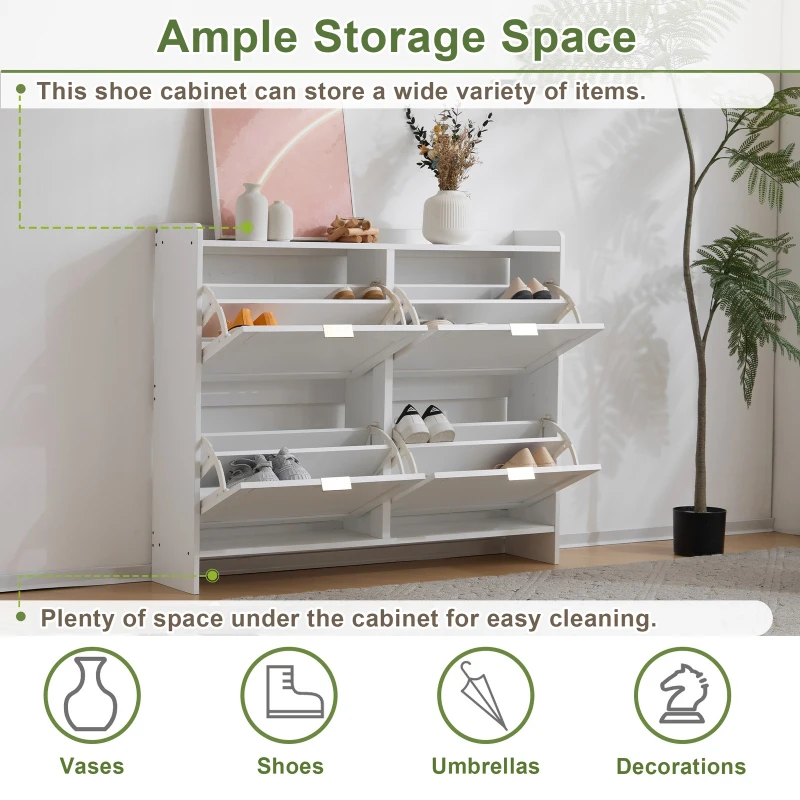 Modern Wooden Shoe Cabinet with 4 Flip Drawers and Open Shelves, Space-Saving Organiser Cupboard for Hallway, 110L x 24W x 90H cm, White