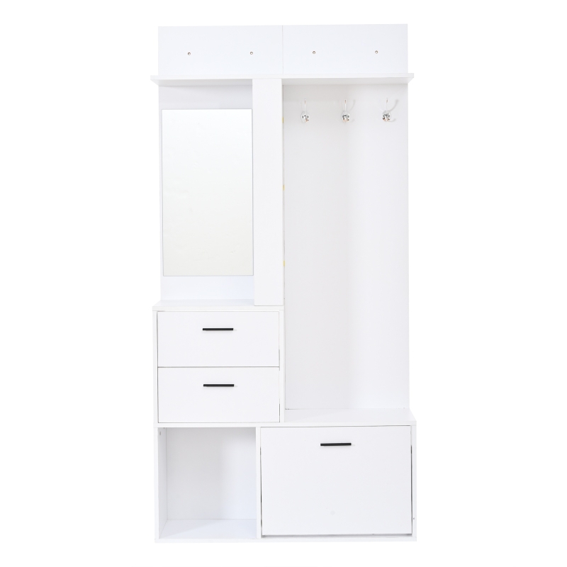 Modern Hall Tree with Mirror and Fold-Out Shoe Rack, Space-Saving Entryway Organizer with 3 Hooks and Drawers, 90L x 30W x 180H cm, White