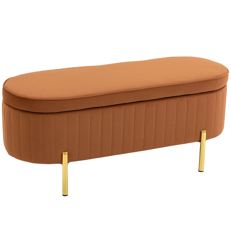 HOMCOM Ovale Truhenbank 72L mit Aufklappbarem Deckel, Samtbezug und Holz, 108x44x43.5 cm, Goldbraun