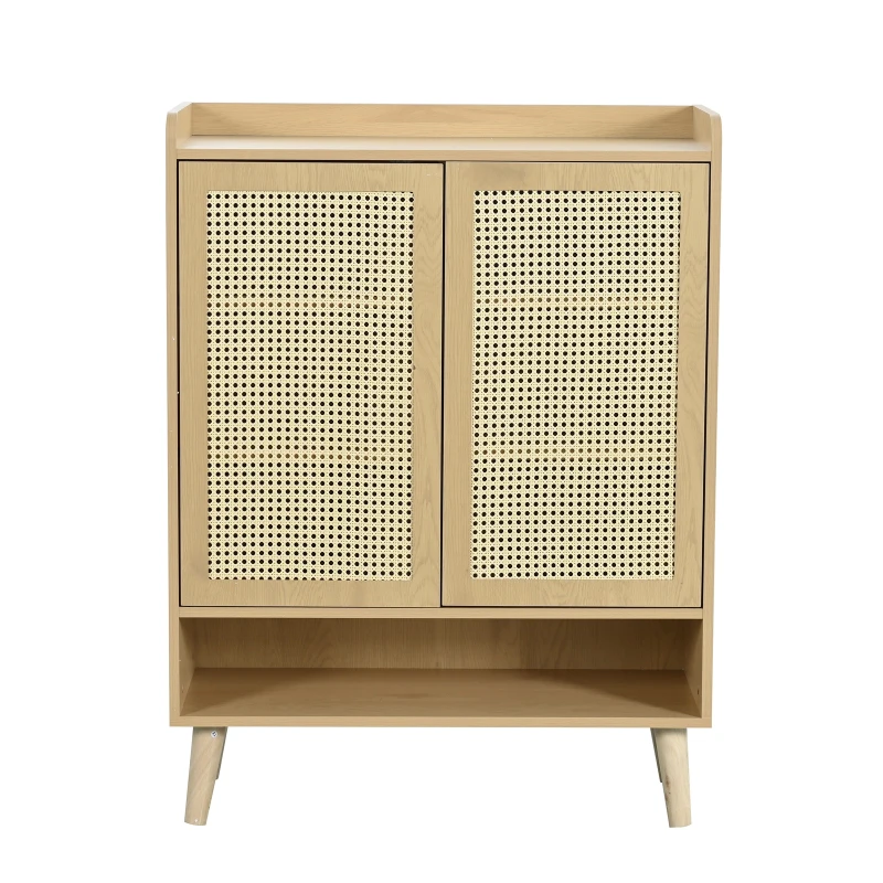 Modern Shoe Cabinet Storage Combo with 5-Tier Shelves, Freestanding Cupboard Organiser with Rattan Doors, 80L x 35W x 105H cm, Light Oak