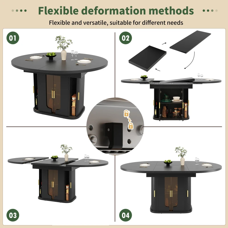 Extendable Dining Table with Glass Doors and Hidden Storage, Space-Saving Oval Dining Table for Up to 6 People, 120-160L x 118W x 77H cm, Black