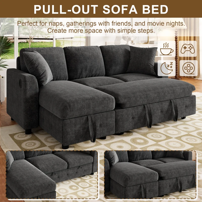 Modern Chenille L-Shaped Sectional Sofa with Storage Chaise Lounge, Soft Convertible Sleeper Couch with 2 Cushions, 200L x 130.5W x 83.5H cm, Gray