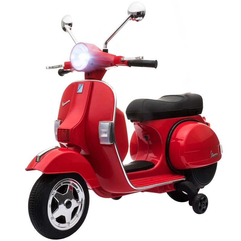 AIYAPLAY Moto Eléctrica Niños 12V Vespa PX150 Ruedas Auxiliares 2 Motores Suspensión Trasera Música Faros 3 km/h 3-6 Años Rojo