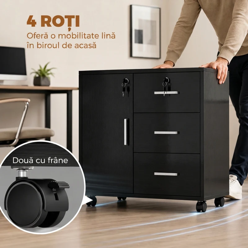 HOMCOM Dulap cu 3 Sertare, Poliță Reglabilă, Suport pentru Imprimantă și Lacăt, Negru