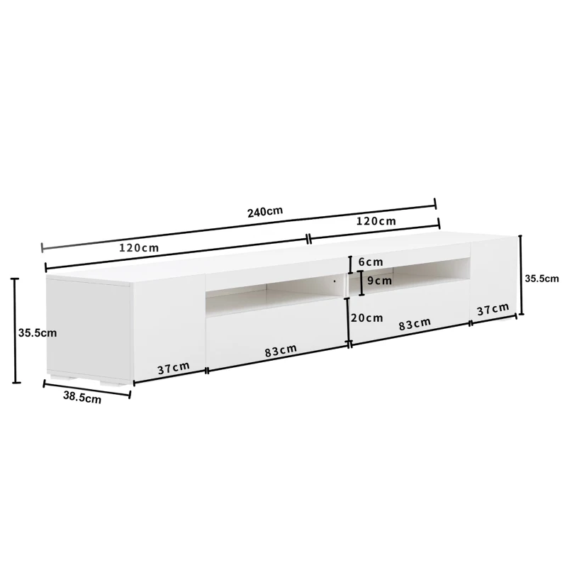 Modern TV Unit with Adjustable LED and USB, Spacious Storage Cabinet for Living Room, 240L x 38.5W x 35.5H cm, White