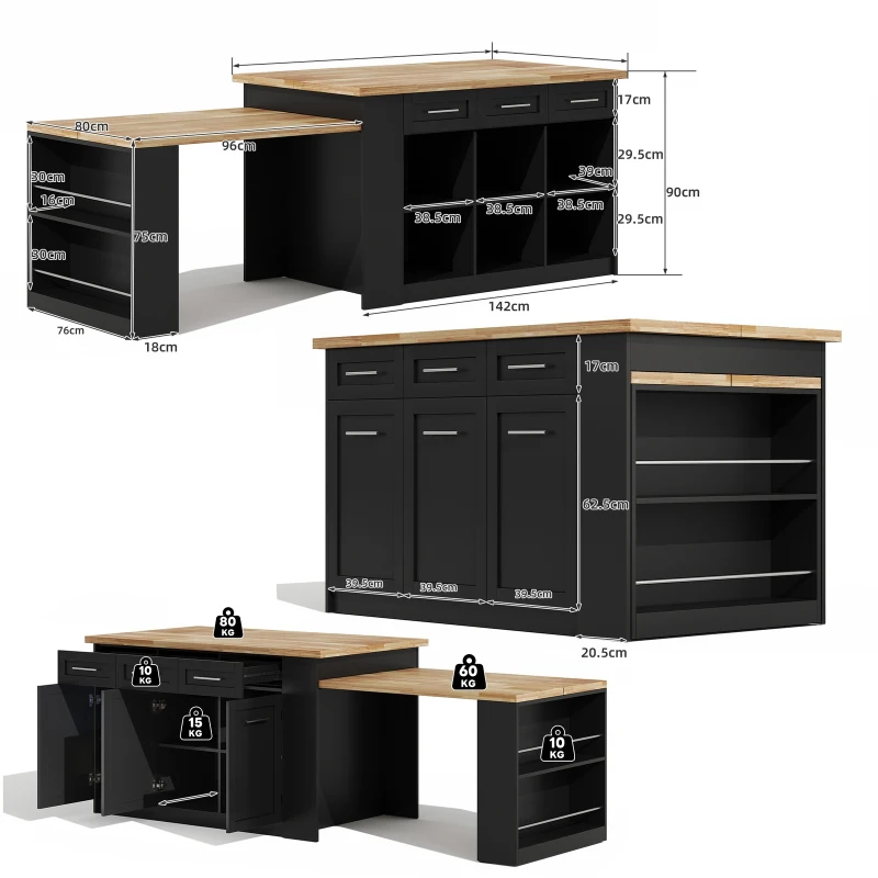 Modern Kitchen Island with Hidden Extendable Dining Table, Mobile Breakfast Bar with Marble-Effect Worktop, 150L x 90W x 90H cm, Black+Natural