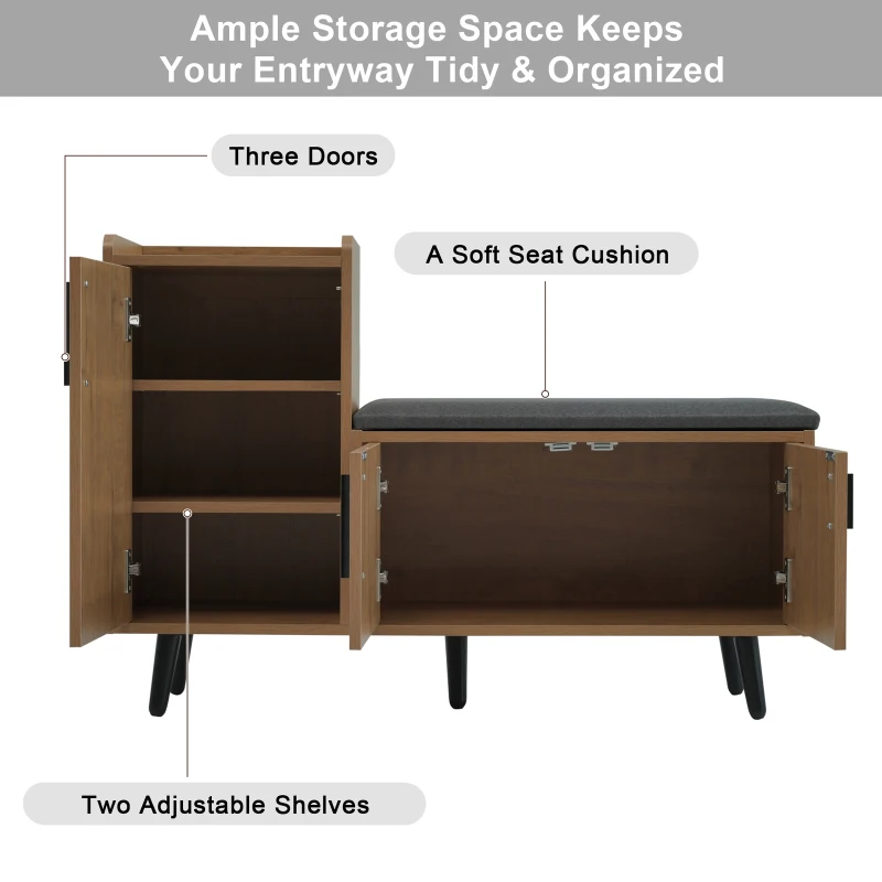 Modern Wooden Shoe Bench with Padded Cushioned Seat, Soft Shoe Storage Organiser with Adjustable Shelves, 100L x 34W x 69H cm, Natural