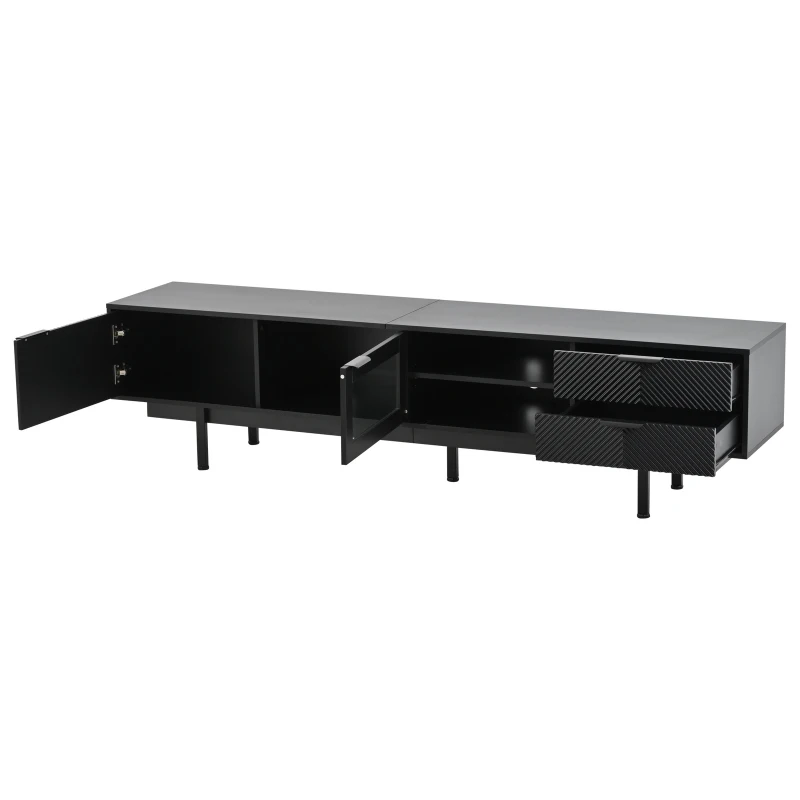 Modern Minimalist TV Cabinet with Cable Management, Sideboard with 2 Doors, 2 Drawers and 1 Open Shelf, 200L x 40W x 50.5H cm, Black