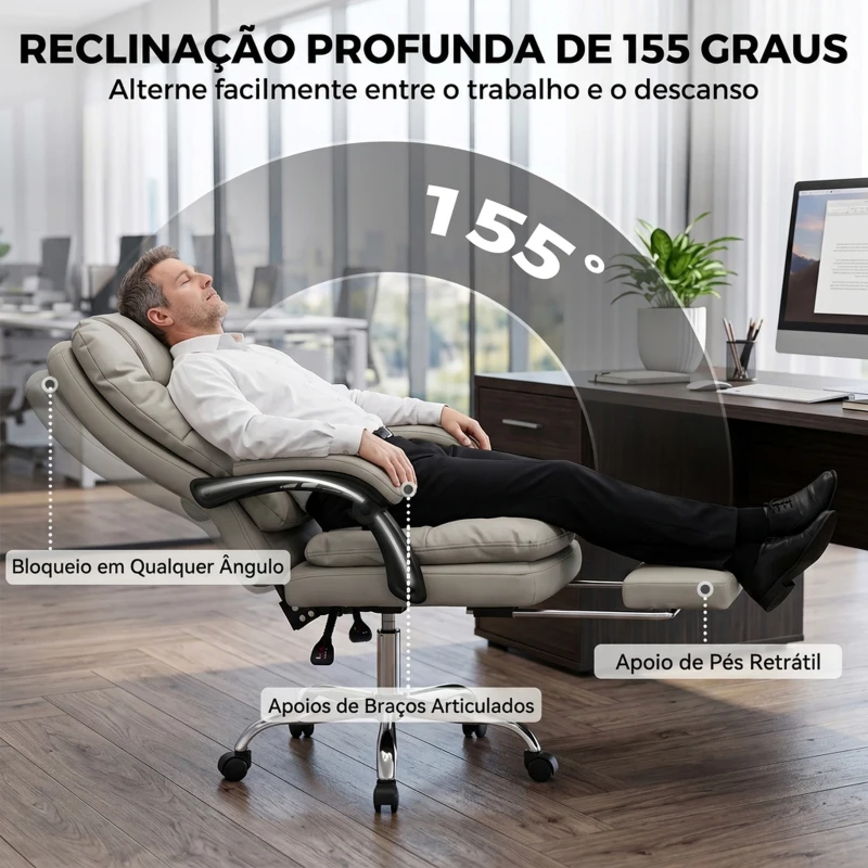 HOMCOM Cadeira de Escritório Ergonómica em PU com Molas Ensacadas, Reclinável 155°, Encosto Alto, Apoio de Cabeça, Cinzento-Claro